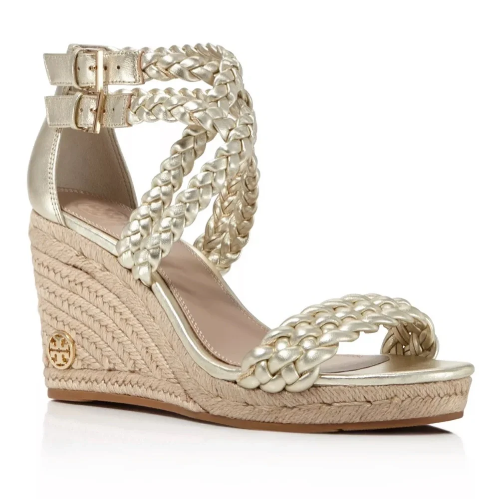 Tory Burch Bailey Metallic Leather Braid Espadrille Wedge Platform Sandals Gold - Picture 2 of 15
